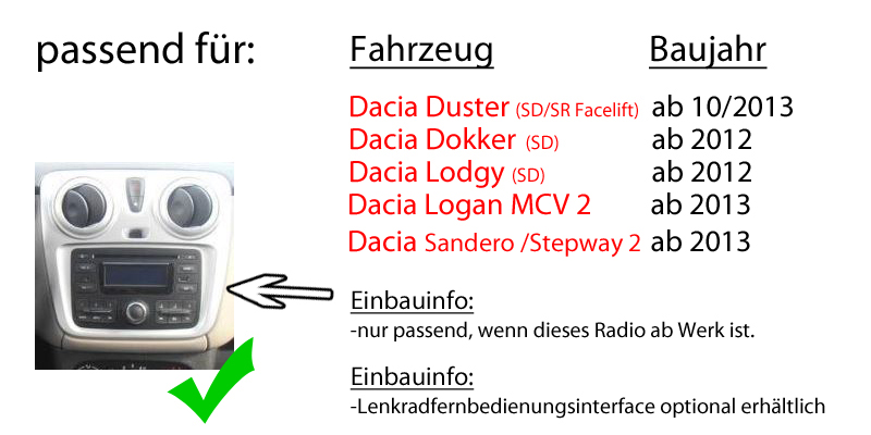 JVC Bluetooth 2DIN AUX CD MP3 USB Autoradio für Dacia Dokker Logan Duster Lodgy 